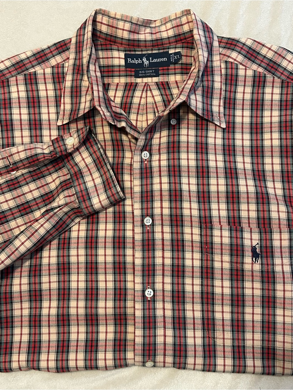 Polo Ralph Lauren Big Shirt Men XL Red Green Plaid Long Sleeve Button Down 90s